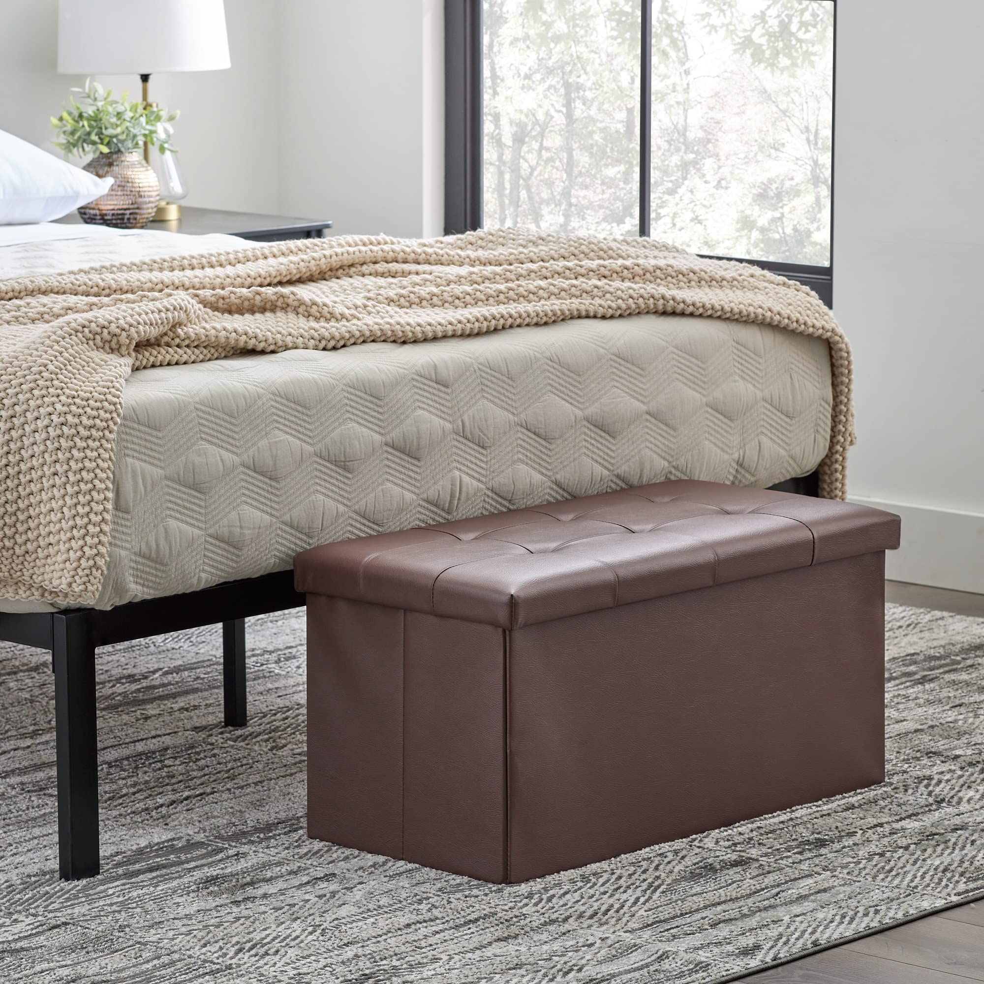 Edenbrook 30 Inch Rectangle Storage Ottoman with Buttonless Tufted Design - Sturdy Foot Rest Bench Holds 330 lbs - Brown Faux Leather for Living Room, Bedroom & Home Decor