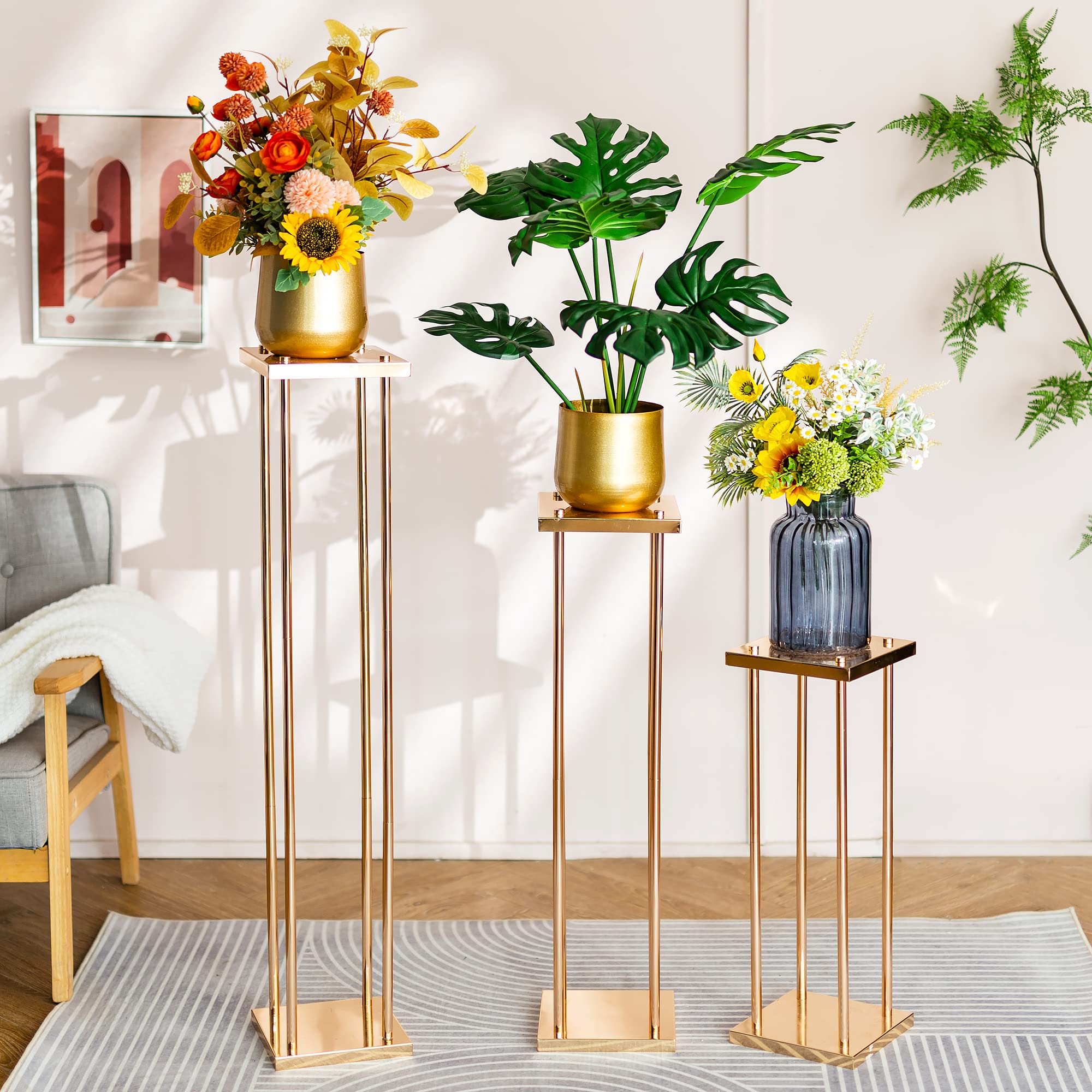 10 Pcs Gold Column Flower Stand - 31.5in Tall Metal Wedding Centerpiece Vases with Geometric Design for Table Decorations, Perfect for Weddings, Birthdays, Events & Home Decor | Elegant Floral Arrangement Displays for Reception Tables and Party Venues