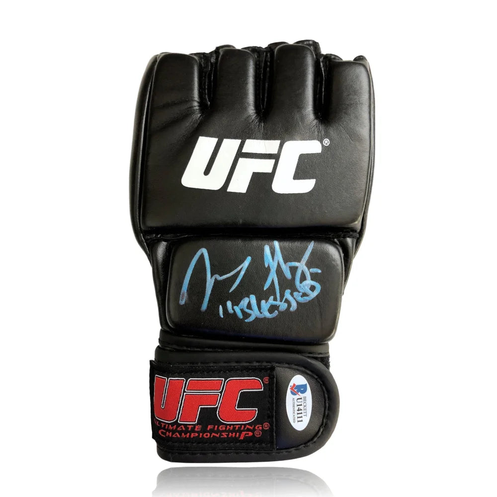Authentic Max Holloway Signed UFC Gloves with BAS COA - Hand Signed Autograph Inscribed 'Blessed' - Perfect for MMA Collectors & UFC Memorabilia Displays