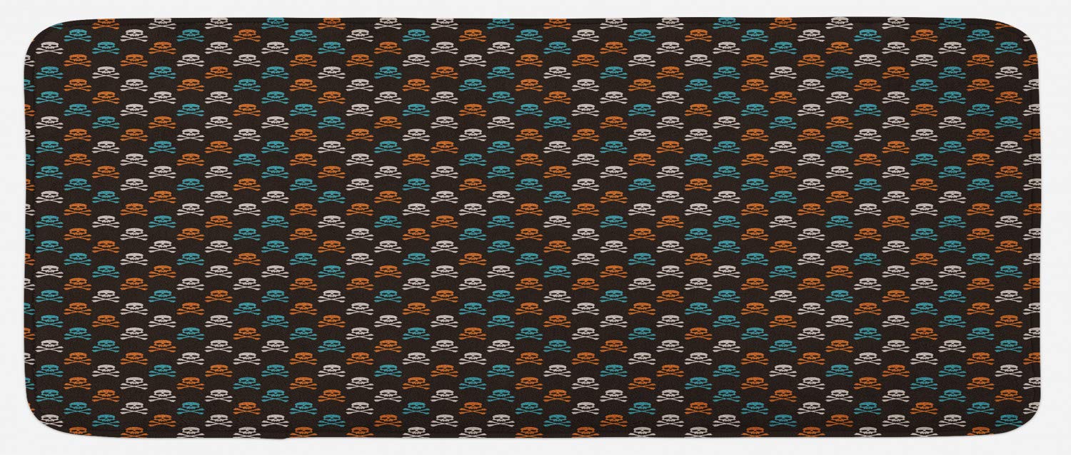 Ambesonne Non-Slip Kitchen Mat - Pirate Skull & Bones Design, Halloween Decor, Plush & Durable 47x19 Inch - Perfect for Kitchen, Entryway, or Bathroom Floor Protection