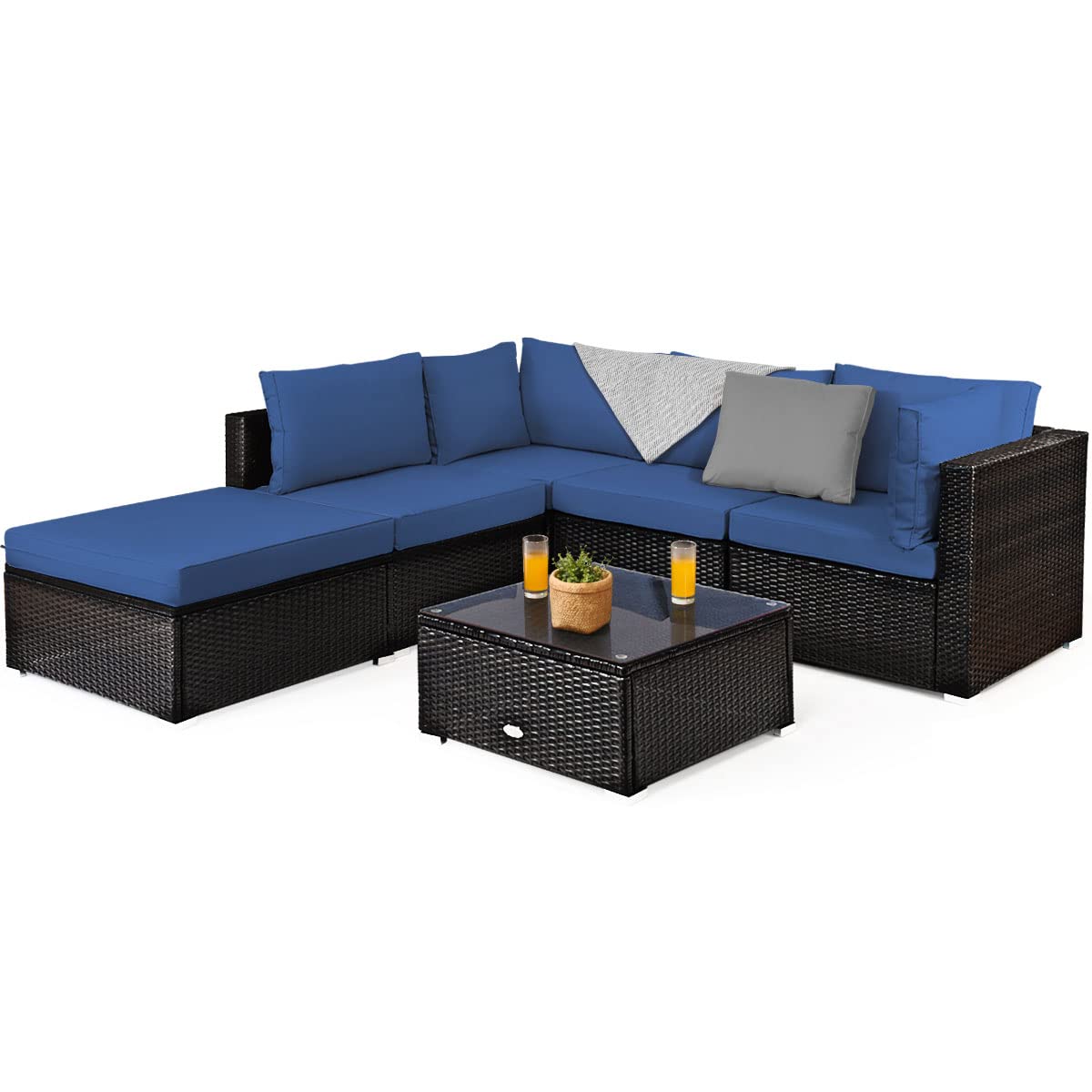 Tangkula 6-Piece Outdoor Patio Furniture Set - Durable Steel Frame PE Rattan Wicker Sectional Sofa with Coffee Table for Deck, Lawn, Backyard (Blue) | Perfect for Garden Parties, Poolside Lounging & Outdoor Entertaining