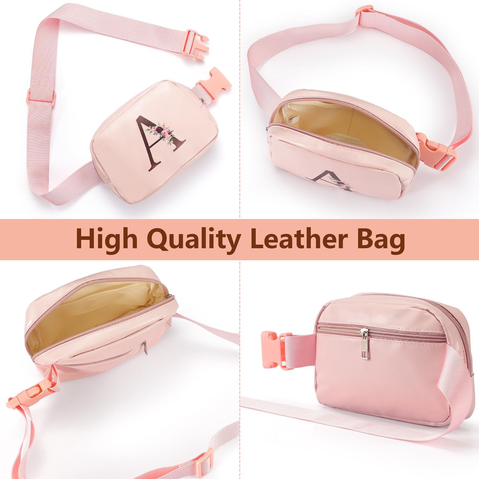 Women's Leather Belt Bag Fanny Pack with Monogram Initial (J) - Adjustable Strap Crossbody Waist Bag for Travel, Hiking & Daily Use - Perfect Gift for Women, Girls & Mom on Birthday, Christmas