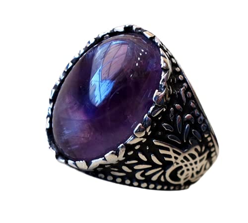 925 Sterling Silver Amethyst Men's Ring - Heavy Duty Designer Statement Ring for Men with Cabochon Gemstone, Islamic Arabic Jewelry Gift for Husband - Perfect for Weddings, Parties & Special Occasions