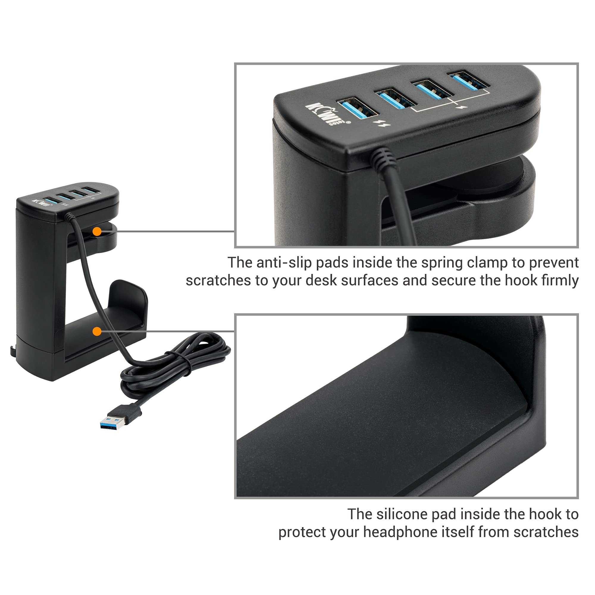Kiorafoto 2-in-1 Under Desk Headphone Hook & 4-Port USB 3.0 Hub - 360° Rotating Gaming Headset Stand with High-Speed Data Transfer for PC, Laptop, and Multiple Devices | Perfect for Home Office, Gaming Setup, and Workspace Organization
