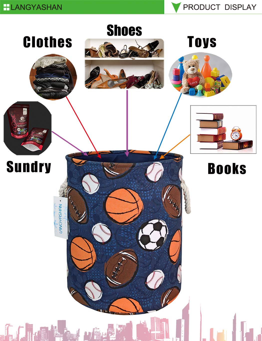Collapsible Canvas Laundry Basket with Handles - Foldable Storage Organizer for Kids, Boys & Girls - Toy Bin, Clothes Hamper, Nursery Gift Basket (Navy Ball Game Design) - Perfect for Bedroom, Playroom & Dorm Organization