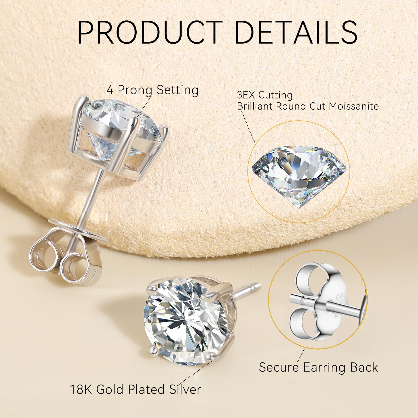 Moissanite Stud Earrings 0.2CT-8.0CT Pair | Hypoallergenic D Color VVS1 Clarity | Round Cut Lab Created Moissanite Diamond Earrings | 18K Gold Plated or 925 Sterling Silver | Anniversary Gift for Women & Men | Perfect for Weddings, Parties & Everyday Elegance