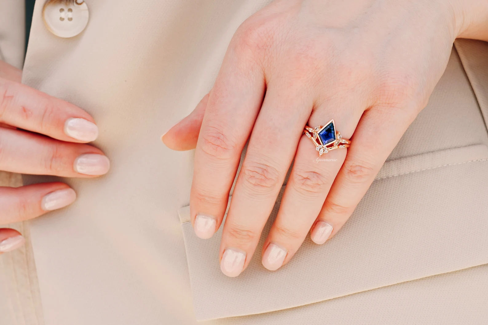 14K Rose Gold Vermeil Blue Sapphire Ring Set for Women - Elegant Jewelry Gift for Anniversary, Engagement & Special Occasions