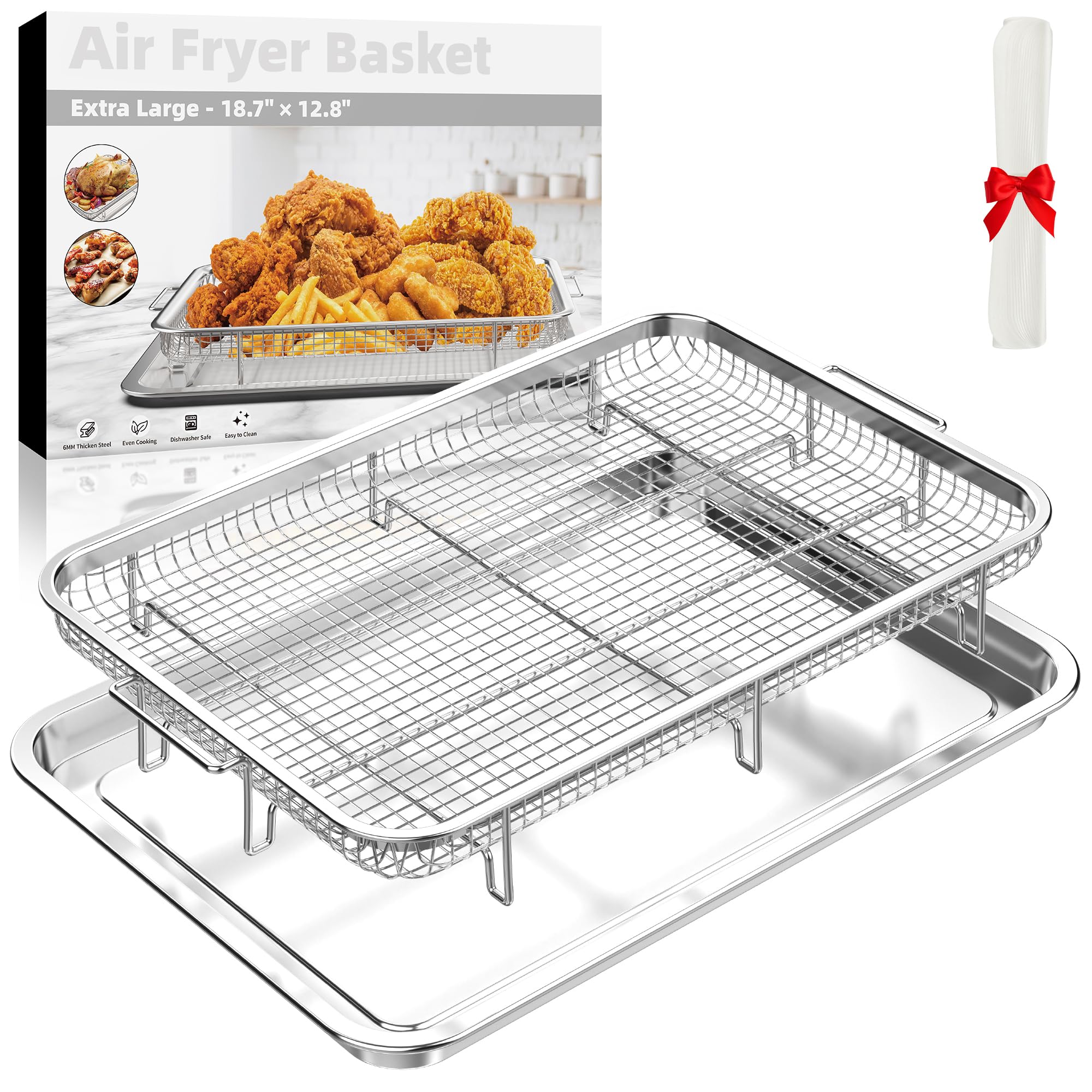 YEPATER 18.6 x 12.8 Inch Extra Large Stainless Steel Air Fryer Basket & Crisper Tray with 30 PCS Parchment Paper - Perfect for Baking Fries, Chicken Wings, Bacon in Oven - Ideal for Family Cooking, Meal Prep & Healthy Snacks