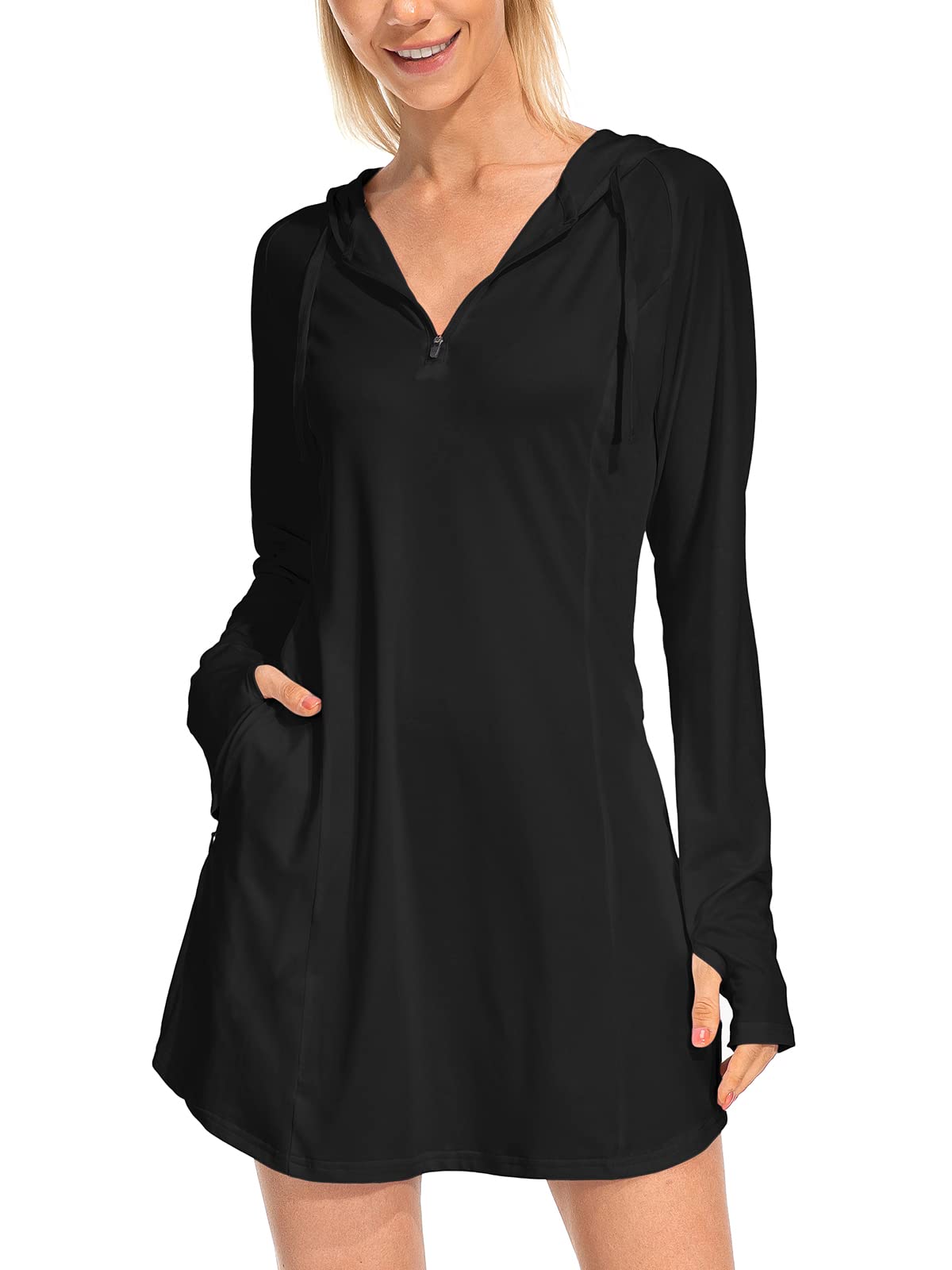 Women's UPF 50+ Sun Protection Long Sleeve Beach Cover Up Dress - Zip Hoodie with Pockets & Thumbholes for Swimming, Surfing and Outdoor Activities