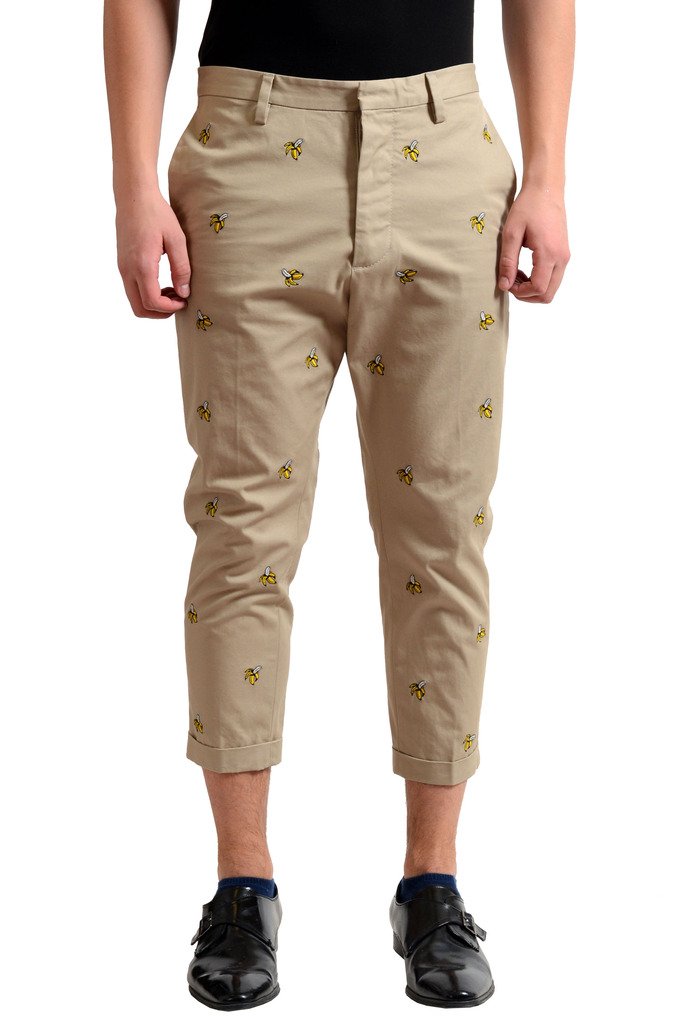 DSQUARED2 Men's Beige Banana Print Cropped Casual Pants - Slim Fit US 32 IT 48 | Summer Streetwear Fashion for Beach Parties & Casual Outings