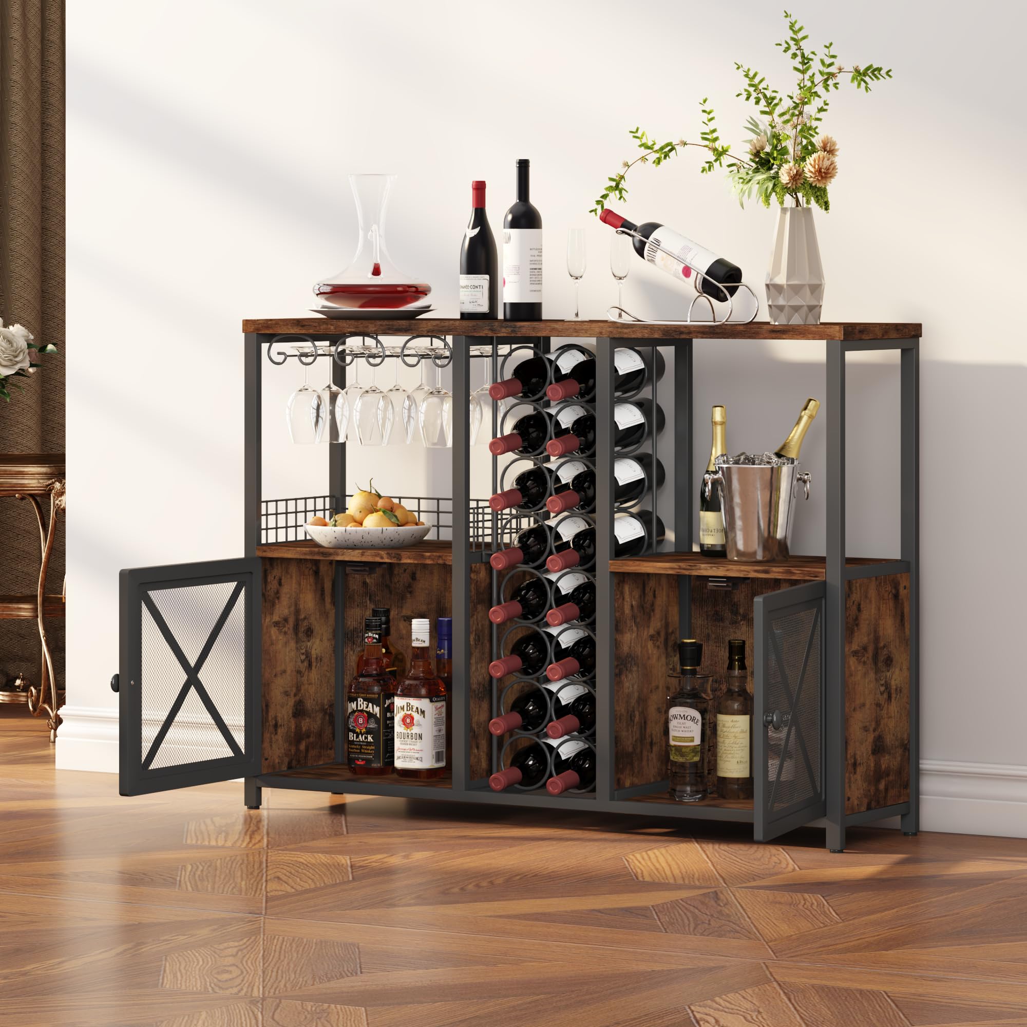Modern Wooden Coffee Bar Cabinet - Homeiju Mini Bars for Liquor & Glasses Storage | Farmhouse Buffet Wine Bar with Sideboard | Perfect for Home Kitchen, Dining Room & Entertaining Guests