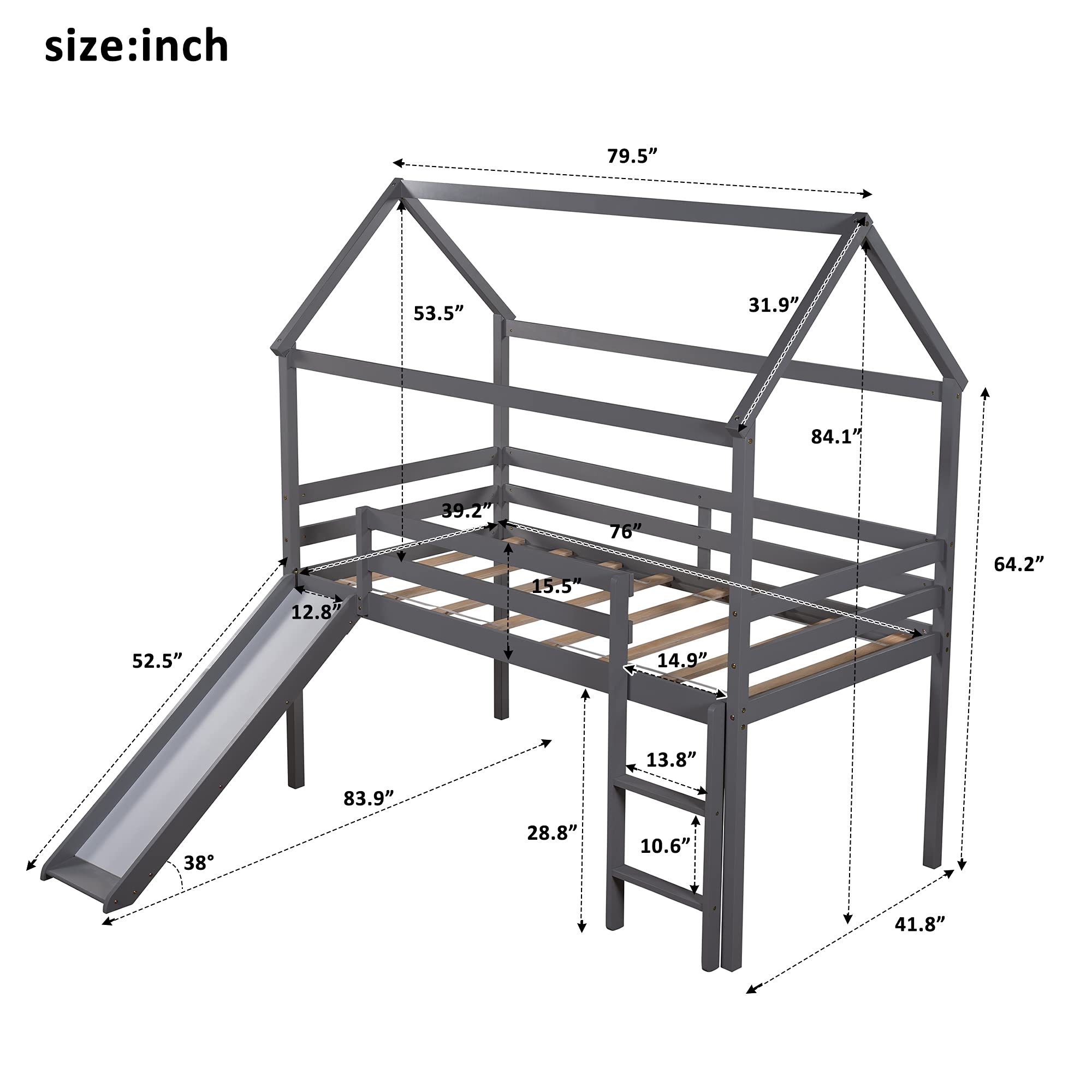 Solid Wood Kids Loft Bed with Slide - Twin Size Wooden House Bed Frame with Roof & Ladder - No Box Spring Needed - Gray - Perfect for Small Bedrooms & Playrooms