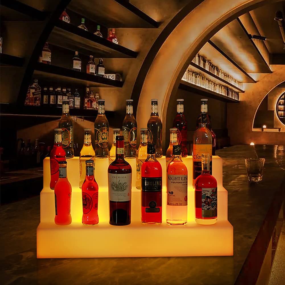 3-Tier LED Lighted Liquor Bottle Display Stand with Remote Control - Illuminated Home Bar Shelf for Whiskey, Wine & Cocktail Bottles - Perfect for Bars, Restaurants, and Home Entertainment Areas