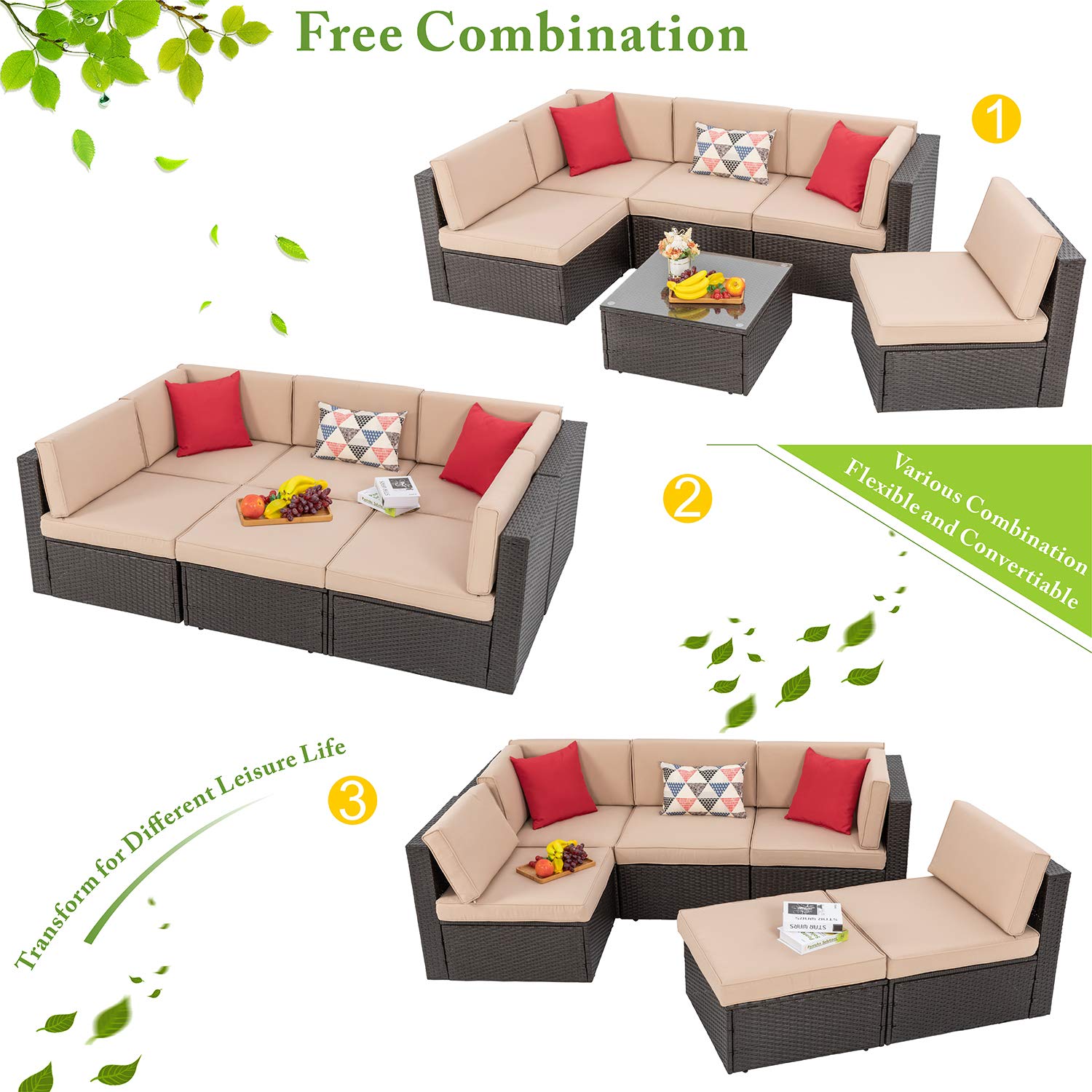 Vongrasig 6-Piece Outdoor Patio Furniture Set - PE Wicker Rattan Sectional Sofa with Coffee Table for Garden, Backyard, Poolside (Beige) | Perfect for Relaxing, Entertaining & Outdoor Gatherings