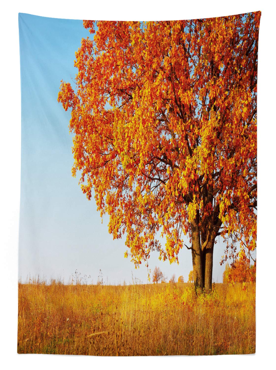 Ambesonne Autumn Outdoor Tablecloth - Lonely Oak Tree Grass Bushes Field Scenic Design, Washable Picnic Table Cover 58x104 Inches in Orange Yellow & Pale Blue - Perfect for Fall Gatherings, Thanksgiving Decor & Outdoor Dining
