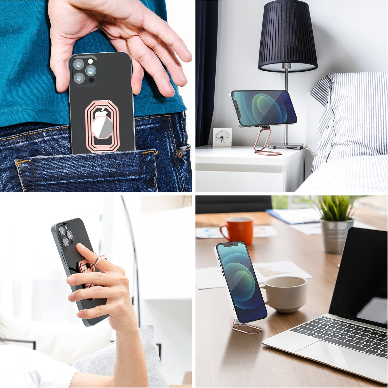 360° Rotating Metal Phone Ring Holder & Kickstand - Magnetic Car Mount, Foldable Phone Grip Stand for iPhone, Samsung, Pixel (Perfect for Driving, Video Calls & Hands-Free Viewing)