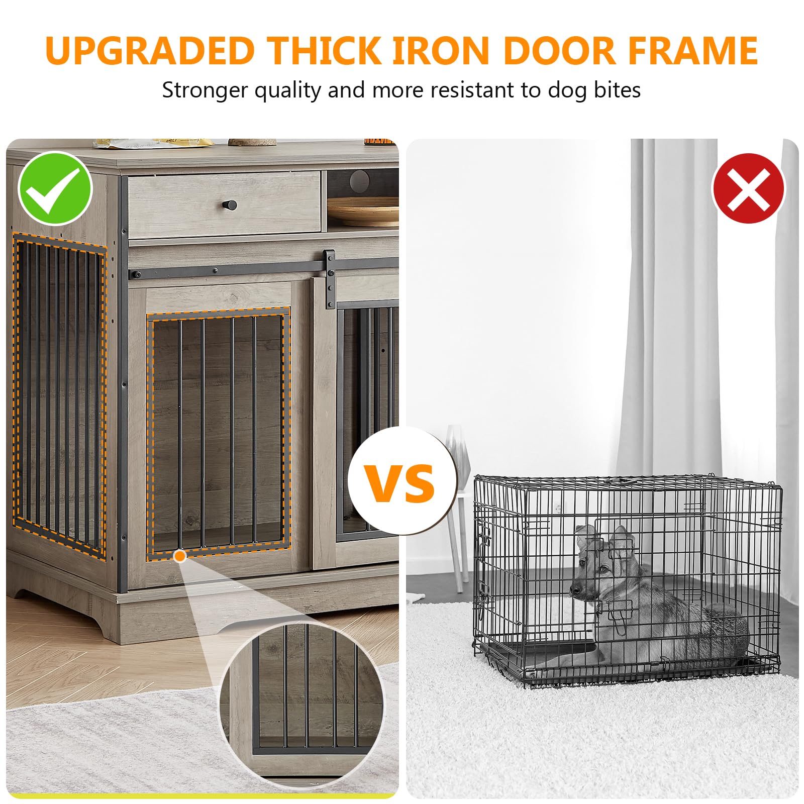 3-in-1 Double Dog Crate Furniture - 66.1 Inch Grey Durable Pet Kennel with Divider for 2 Dogs, Multifunctional TV Stand with 2 Drawers & Sliding Doors - Perfect for Living Room, Bedroom or Home Office Pet Space