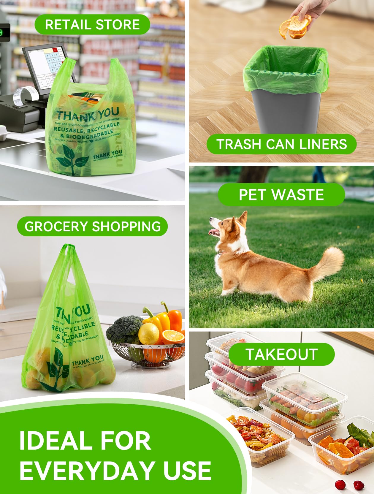 100% Biodegradable Compostable T-Shirt Bags - 100 Count Eco-Friendly Grocery Shopping Bags (11.5