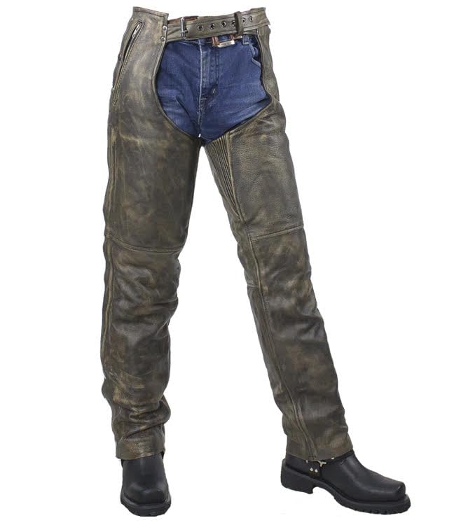 Men's Distressed Brown Leather Motorcycle Chaps for Bikers - Durable Riding Gear for Harley, Cruiser & Adventure Motorcycles - Perfect for Long Rides, Road Trips & Motorcycle Events