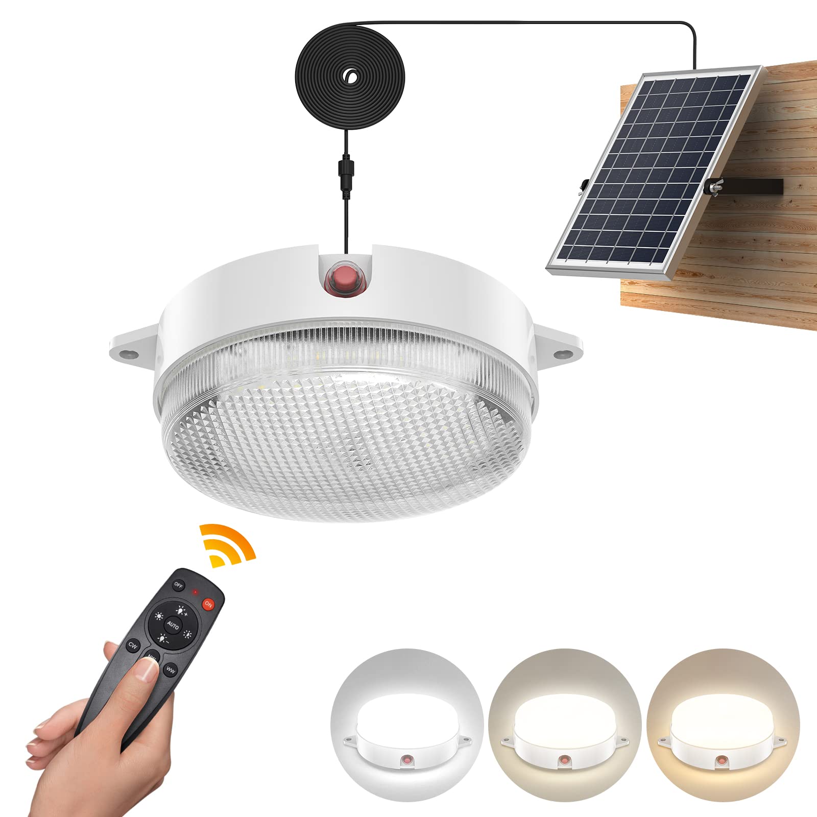 Solar Ceiling Light - Waterproof Dimmable LED Light (6000K/4000K/3200K) with Remote Control & On/Off Switch - Indoor Outdoor Barn Lighting for Garage, Shed, Chicken Coop, Patio & Backyard - Energy Efficient Solar Powered Lighting Solution