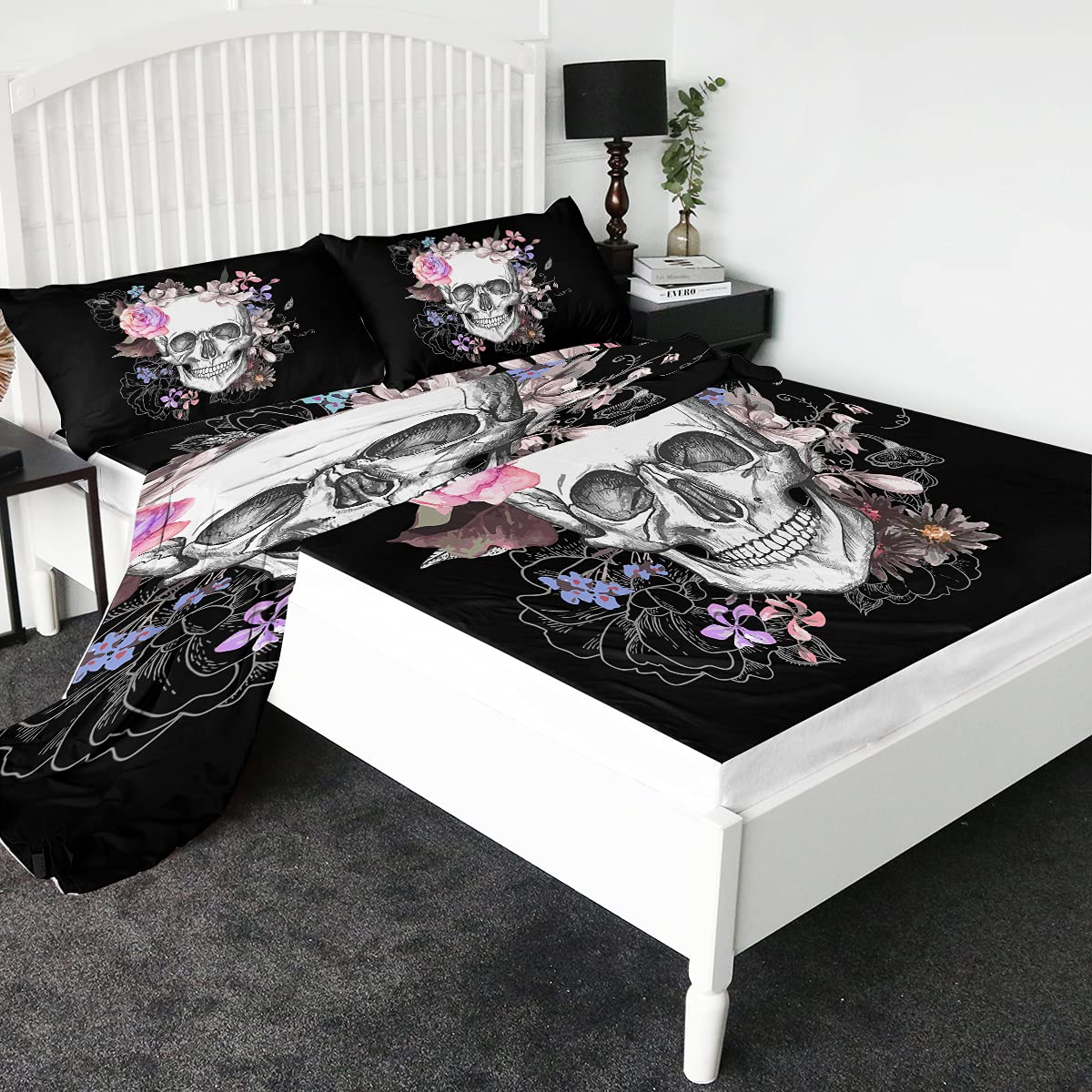 Sleepwish Sugar Skull Bed Sheets Set - Floral Watercolor Skull & Poppy Rose Design - Soft Brushed Microfiber Fabric Bedding for Twin Size Beds - Perfect for Gothic, Boho & Halloween Themed Bedrooms