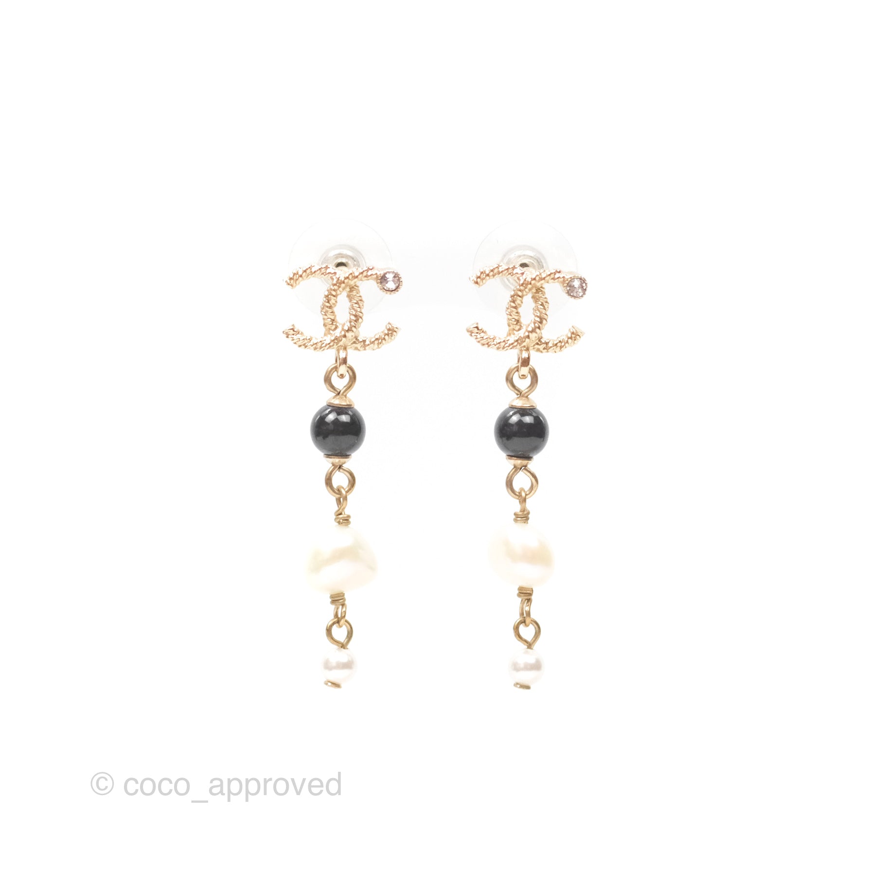 Chanel CC Bead Pearl Drop Earrings - Gold Tone Vintage 20V for Women | Luxury Fashion Jewelry Gift for Parties, Weddings & Special Occasions