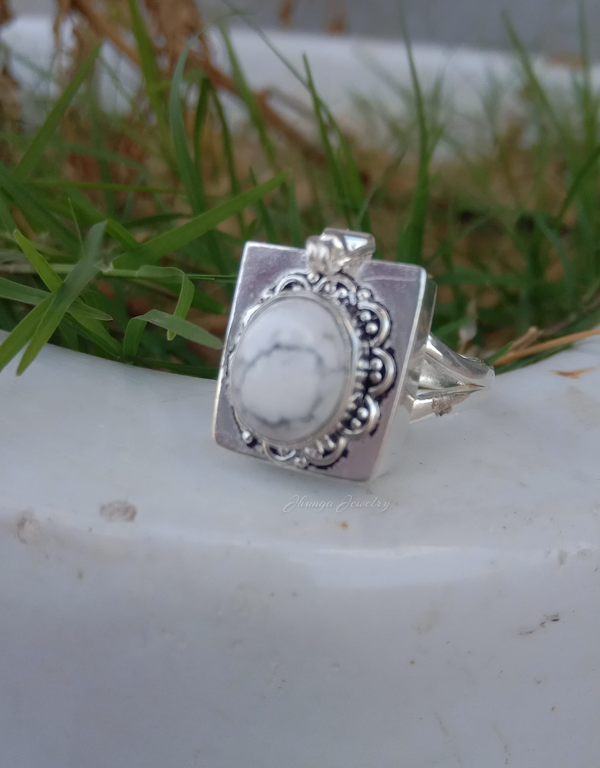 White Howlite Poison Ring - Handmade 925 Sterling Silver Secret Box Ring with Openable Compartment | Perfect for Medicine, Pills, or Keepsakes | Unique Gothic Jewelry for Cosplay, Halloween, and Alternative Fashion
