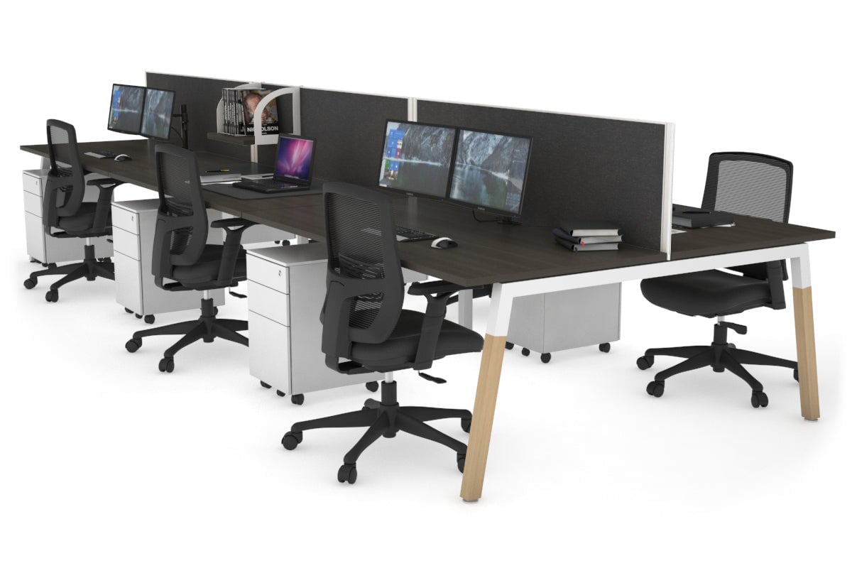 6-Person Quadro A Legs Office Workstation with Wood Legs & Cross Beam - 1600L x 800W with Cable Scallop - Perfect for Open Office Layouts & Collaborative Workspaces