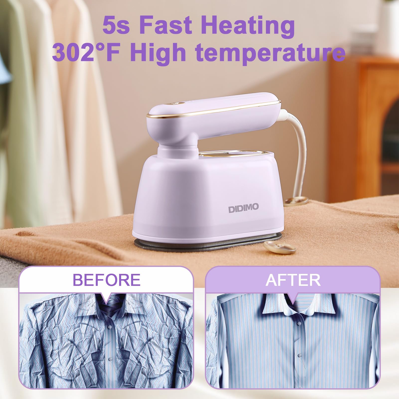 Portable 2-in-1 Dry & Wet Travel Steamer for Clothes - 180° Rotatable Mini Steam Iron - Perfect for Home, Travel, Dorm & School - Ideal Gift & Home Essential (Purple) | Quickly Remove Wrinkles from Dresses, Suits & Delicates Anywhere