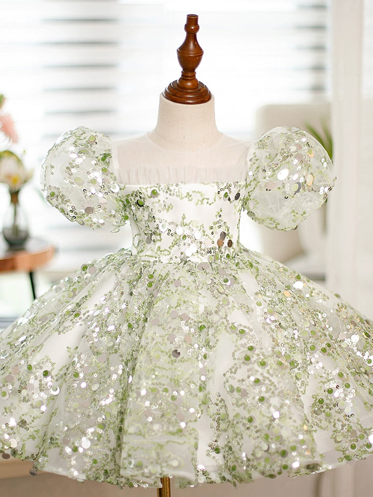 Green Princess Round Sequined Flower Girl Dress for Weddings, Pageants & Special Occasions
