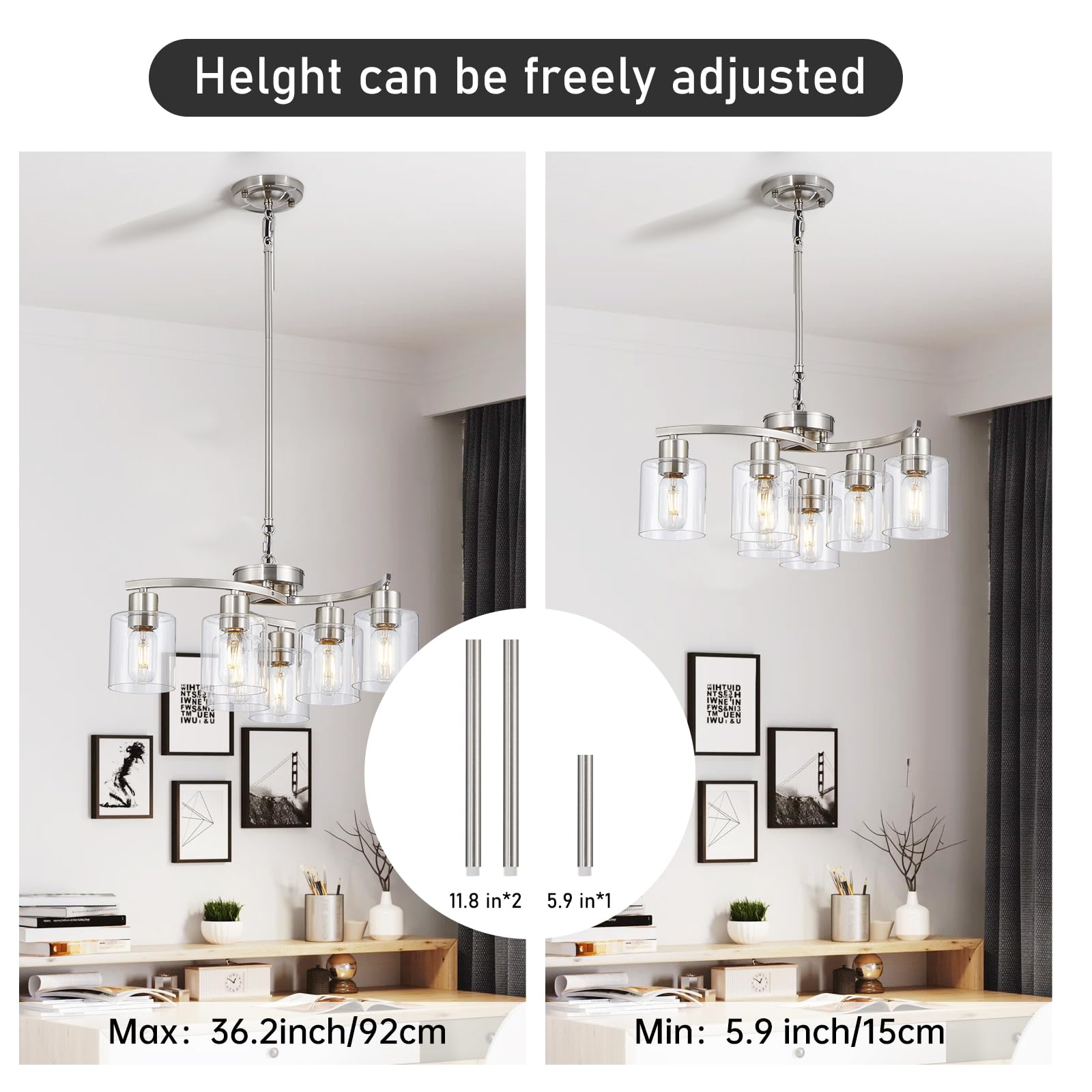 Modern Brushed Nickel Chandelier - Adjustable Height 6-Light Dining Room Ceiling Fixture for Living Room, Bedroom & Kitchen Island | Elegant Lighting for Home Decor & Dinner Parties