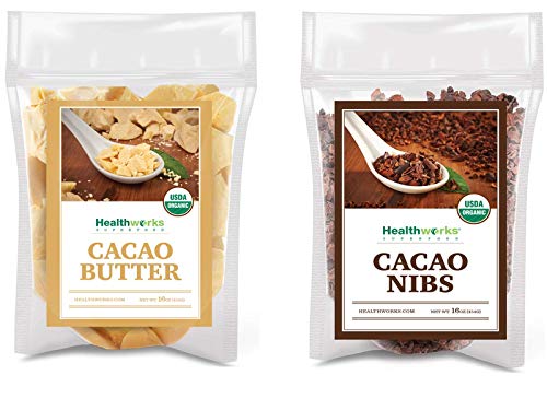Organic Raw Cacao Nibs & Cacao Butter Combo - 16oz Each (1lb) - Superfood for Baking, Smoothies & Healthy Snacks - Vegan, Gluten-Free, Non-GMO
