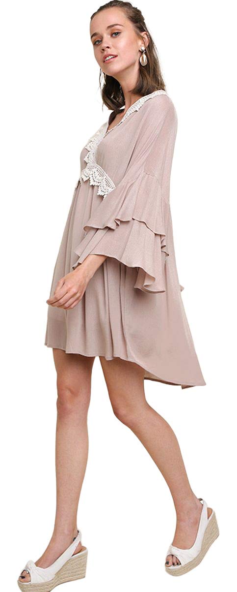 Umgee Women's Layered Ruffle Bell Sleeve Crochet Mini Dress - Boho Chic Summer Dress for Beach, Party & Date Night