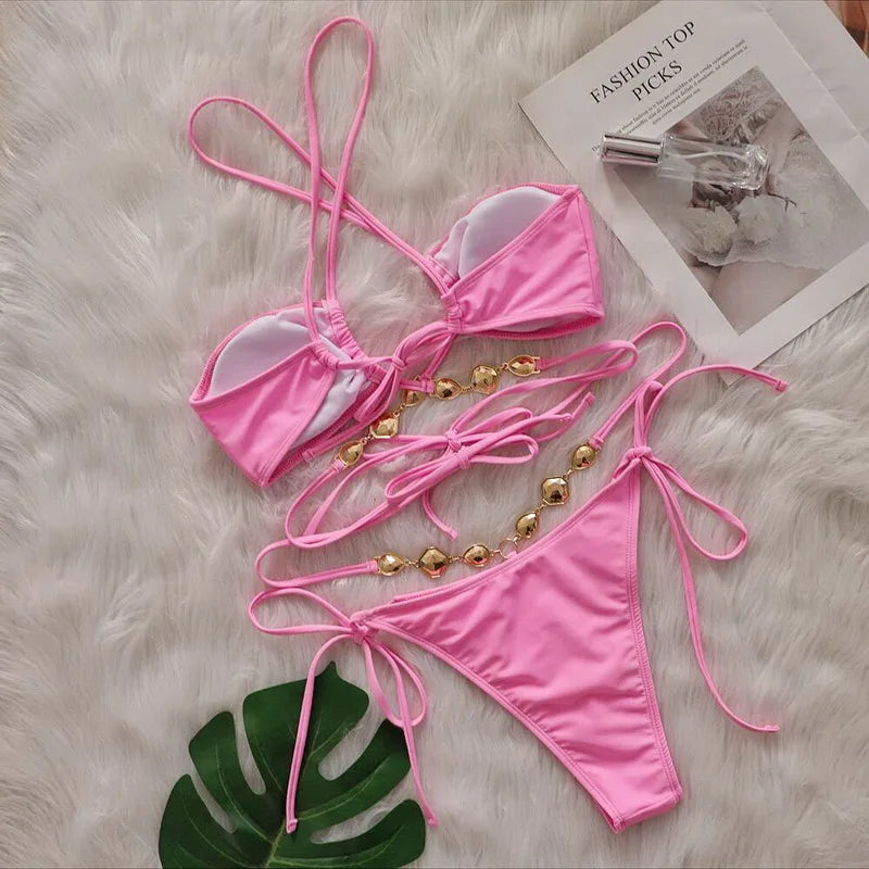 2024 Sexy Rhinestone Bandage Push Up Bikini Set - Women's Brazilian Halter Two Piece Swimsuit for Beach, Pool Party & Summer Vacation