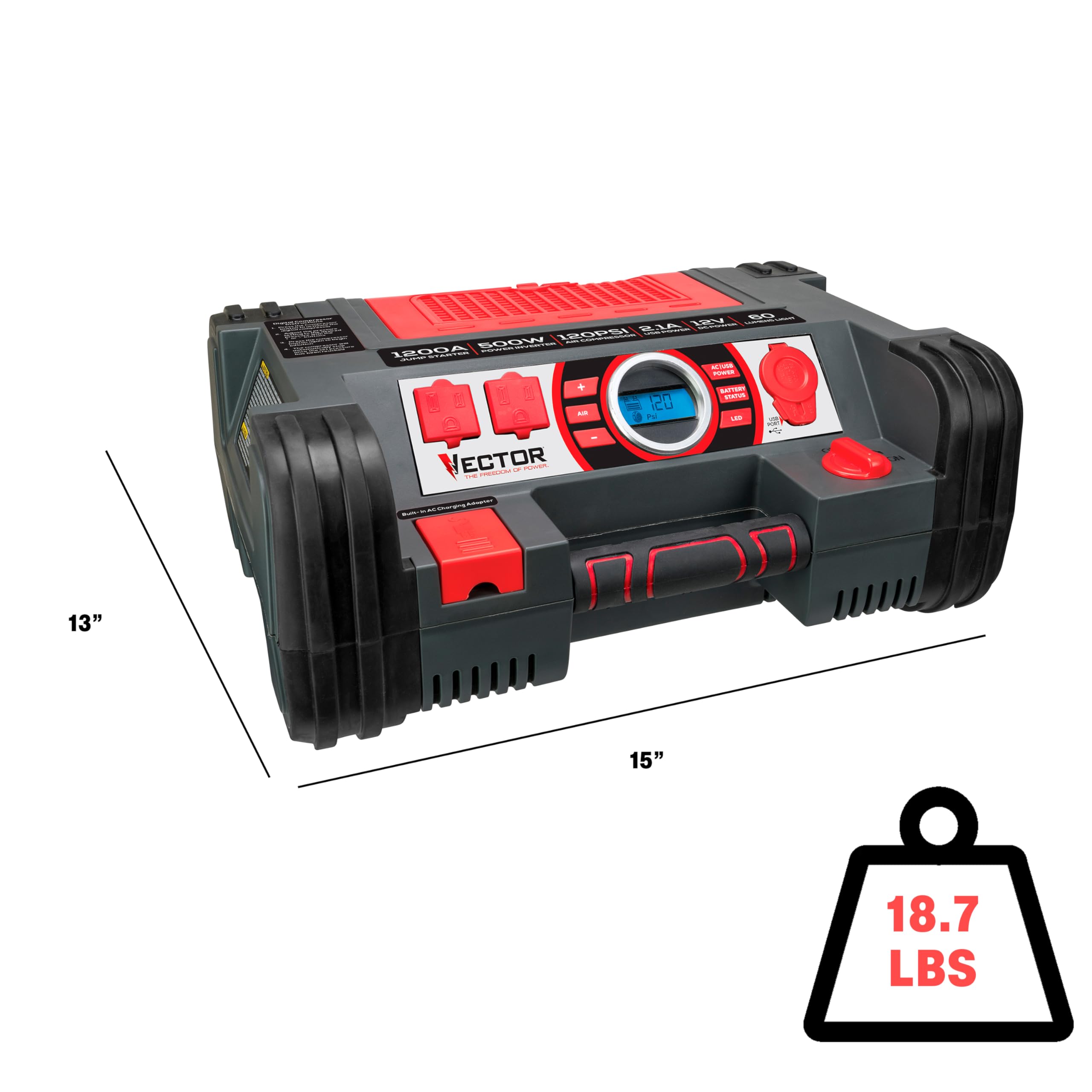 VECTOR PPRH5V 1200 Peak Amp Car Jump Starter with 10W USB Port, 500W Inverter & 120 PSI Air Compressor - Portable Power Bank for Emergency Jump Starting, Camping, Road Trips and Outdoor Adventures