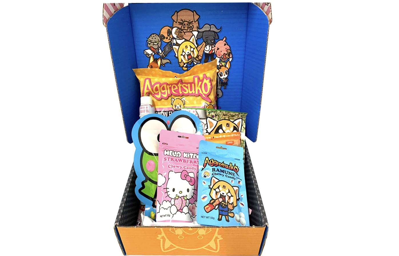 Sanrio Hello Kitty Aggretsuko Japanese Snack Box - Assorted Candy & Ramune Soda - Perfect for Anime Lovers, Gift Giving & Themed Parties
