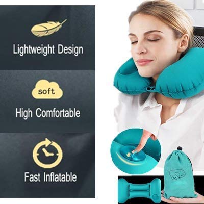 HOMAVA Silk Travel Backpack Neck Pillow - Manual Press Automatic Inflatable U-Shaped Pillow for Airplane, Car, Office - 15.74 X 11.02 Inch, Blue - Perfect for Long Flights, Road Trips & Work Comfort