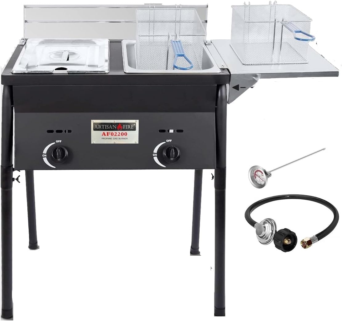 Commercial Grade Two Tank Deep Fryer with 2 Stainless Steel Baskets - High Capacity Propane Outdoor Cooker for Fish, Chicken & More - Includes Thermometer & Regulator - Perfect for Backyard BBQs, Tailgating & Outdoor Cooking
