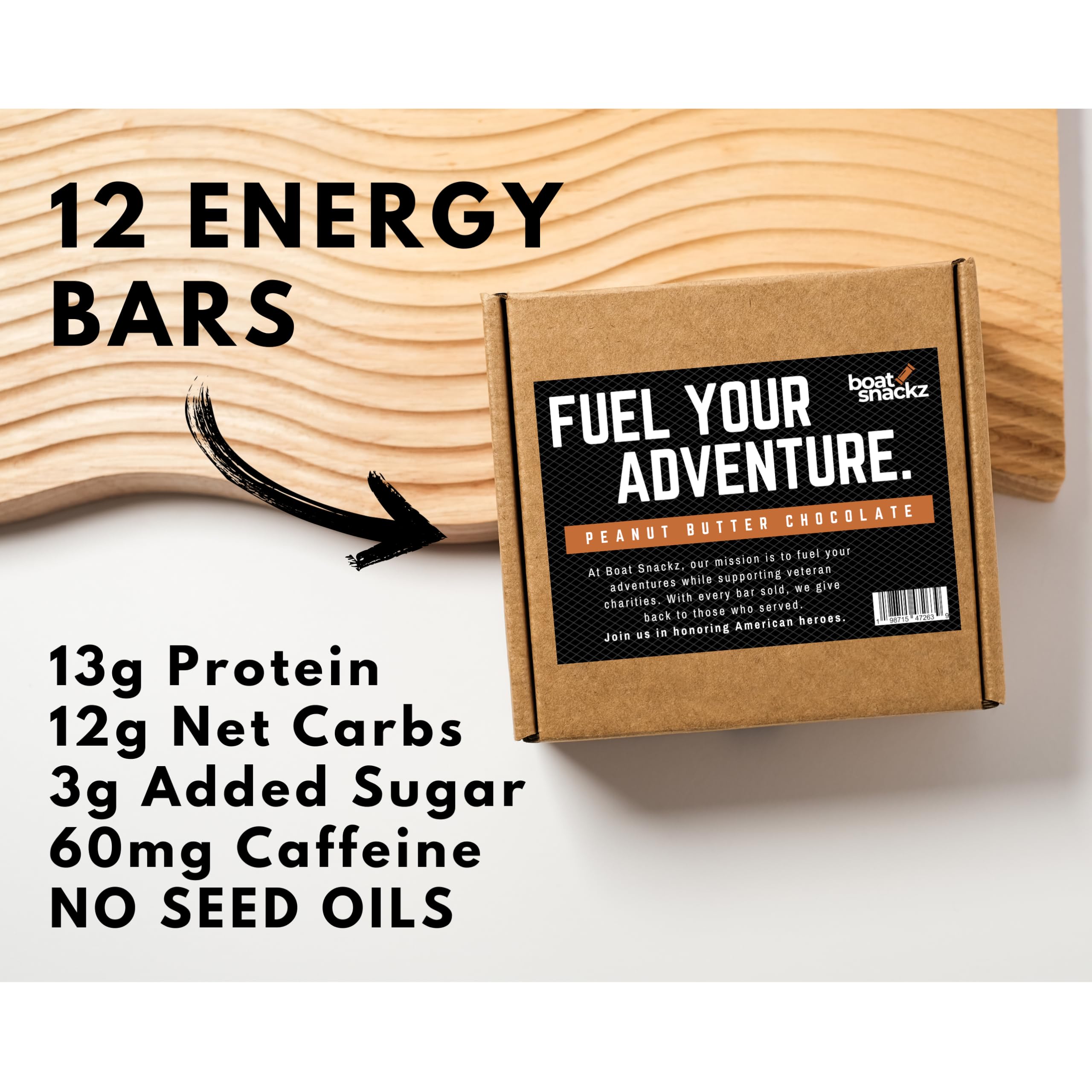 Boat Snackz Peanut Butter Chocolate Protein Bars (12 Pack) - 13g Protein, Low Sugar - Perfect for Hiking & Workouts