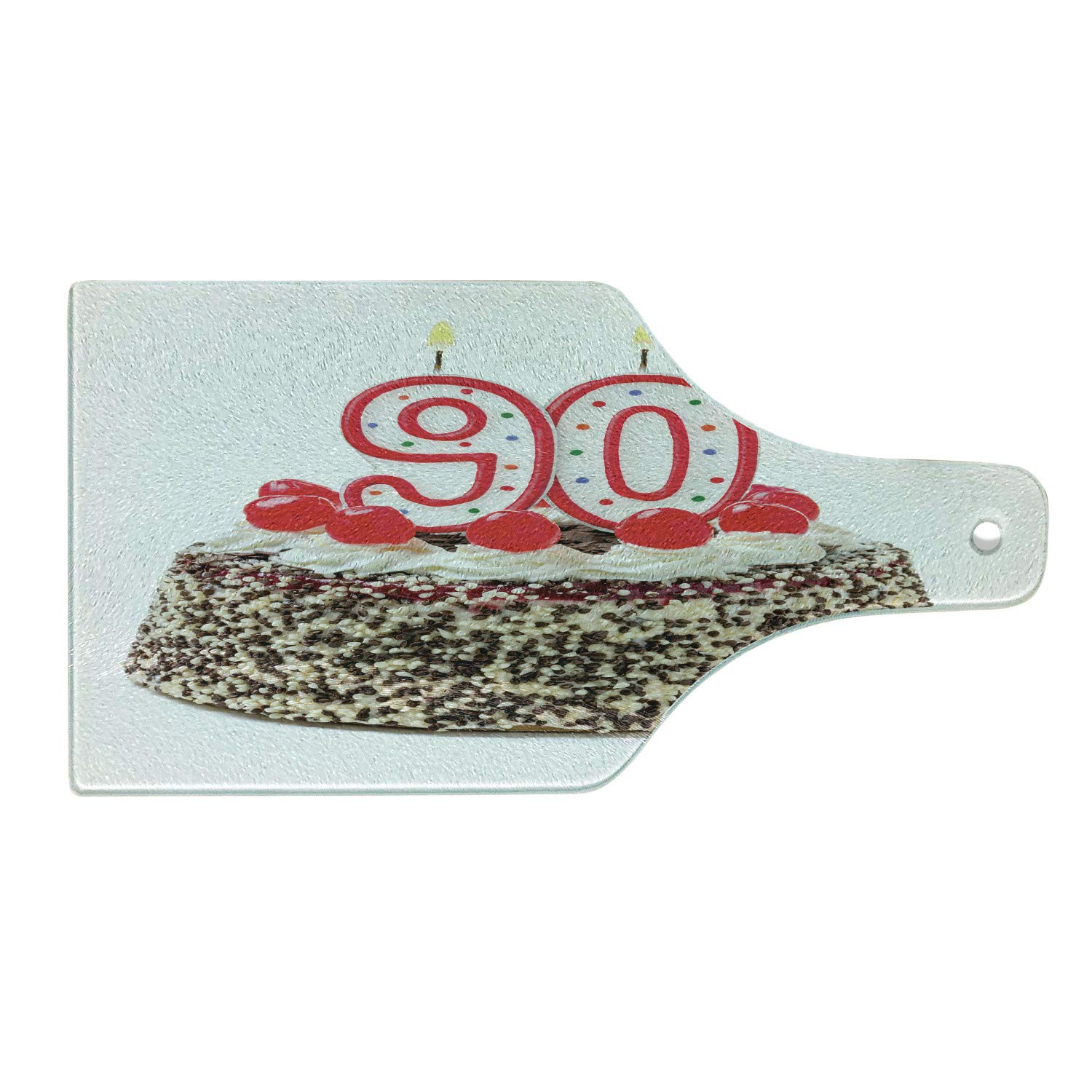 Ambesonne 90th Birthday Cake Cutting Board - Tempered Glass Serving Tray with Cherries & Candles Design - Wine Bottle Shape in Red, Brown & White - Perfect for Anniversary Parties, Milestone Celebrations & Kitchen Decor