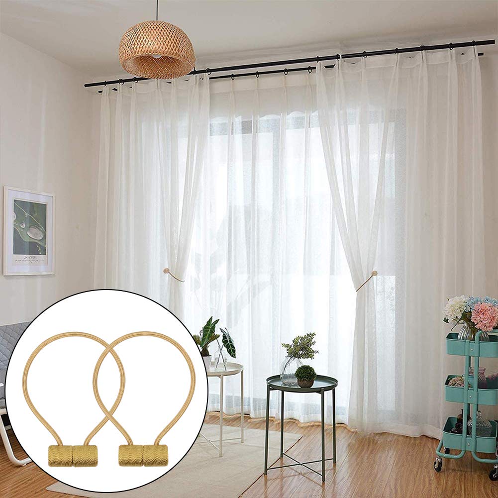 Strong Magnetic Curtain Tiebacks - Gold Decorative Rope Holdbacks for Window Draperies | 2-Pack Heavy Duty Weave Holder | Perfect for Living Room, Bedroom & Office Curtains