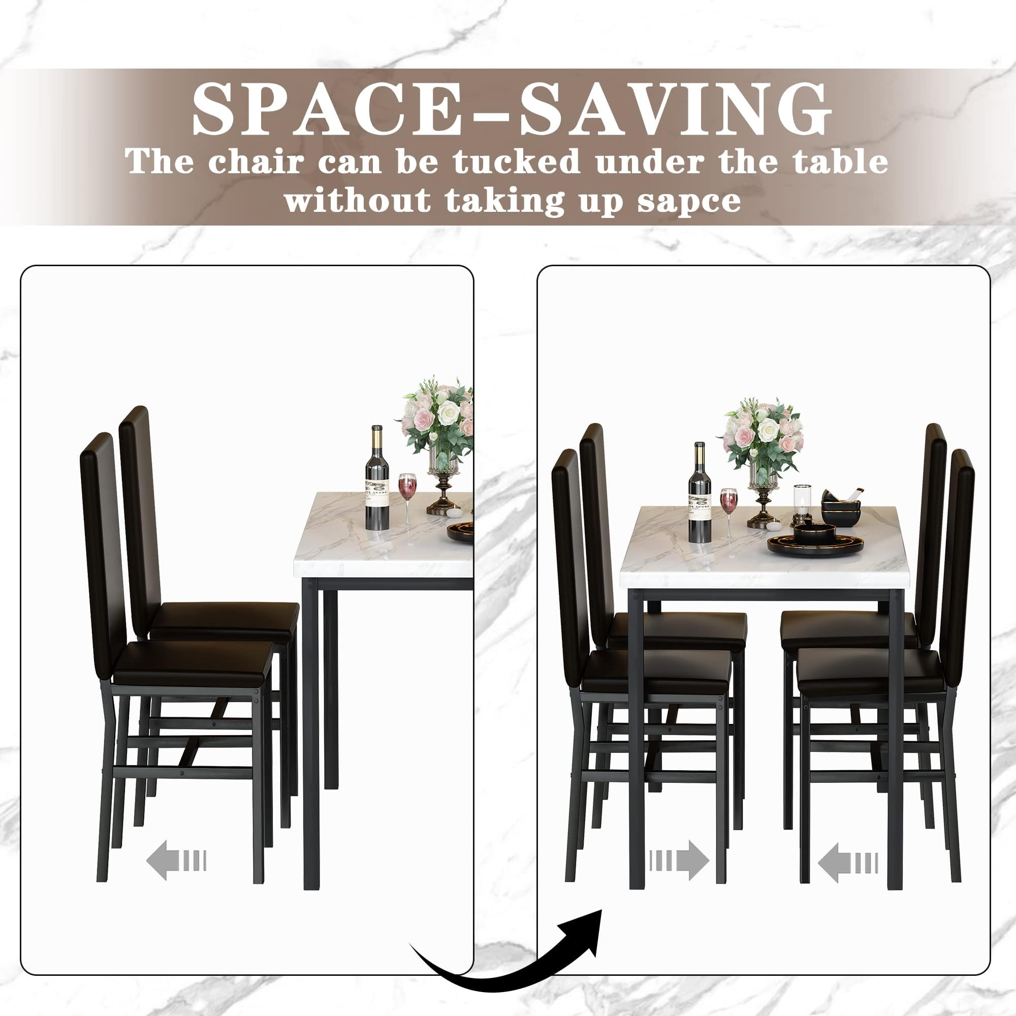 Hooseng Modern 5-Piece Dining Set - White Faux Marble Table with 4 PU Leather Chairs for Small Spaces | Perfect for Apartments, Home Bars & Compact Dining Areas