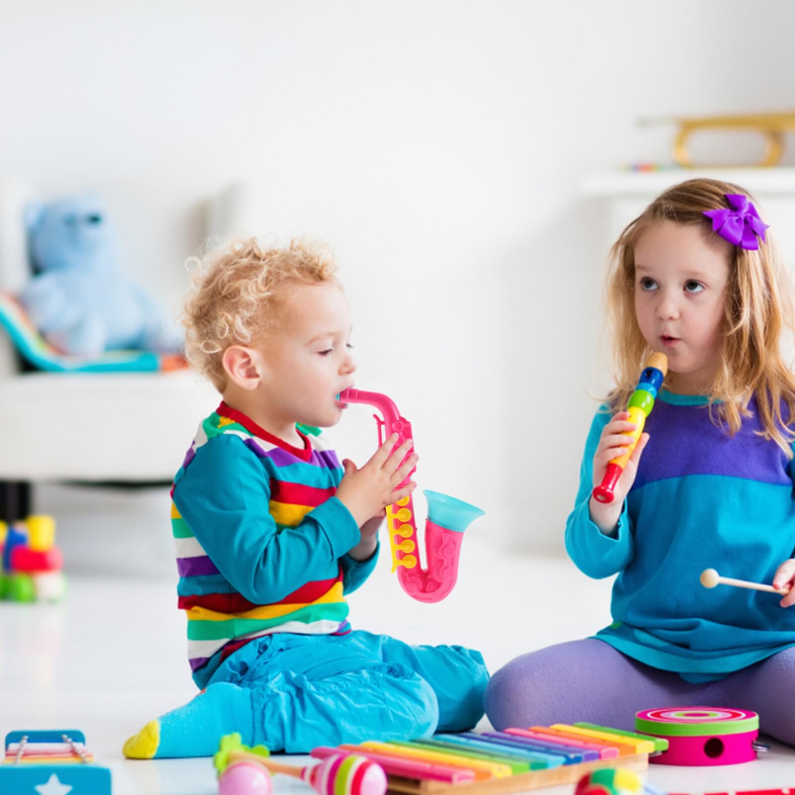Bestoyard 4-Piece Musical Toy Set - Saxophone, Clarinet, Trumpet & Saxaboom - Kids Noise Maker Party Favors, Early Education Music Instruments for Toddlers & Children - Perfect for Birthday Parties, Classroom Activities & Pretend Play