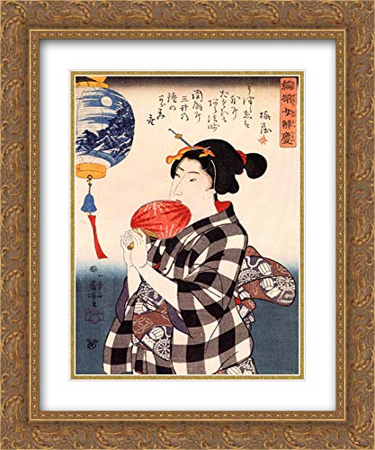 Utagawa Kuniyoshi Woman With Fan Art Print - 20x24 Gold Ornate Framed Museum Quality Double Matted Wall Decor - Perfect for Living Room, Bedroom or Office Decoration