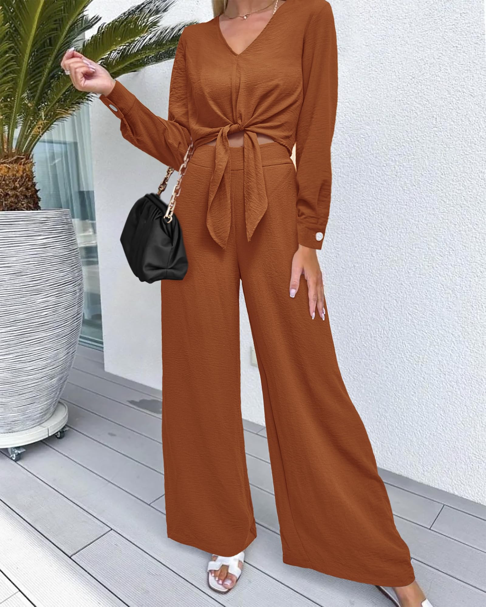 PRETTYGARDEN Women's 2 Piece Outfit Set - 2025 Spring Summer Casual V Neck Long Sleeve Strappy Crop Top with Wide Leg Palazzo Pants | Lounge Wear, Street Style, Office Outfits & Vacation Essentials