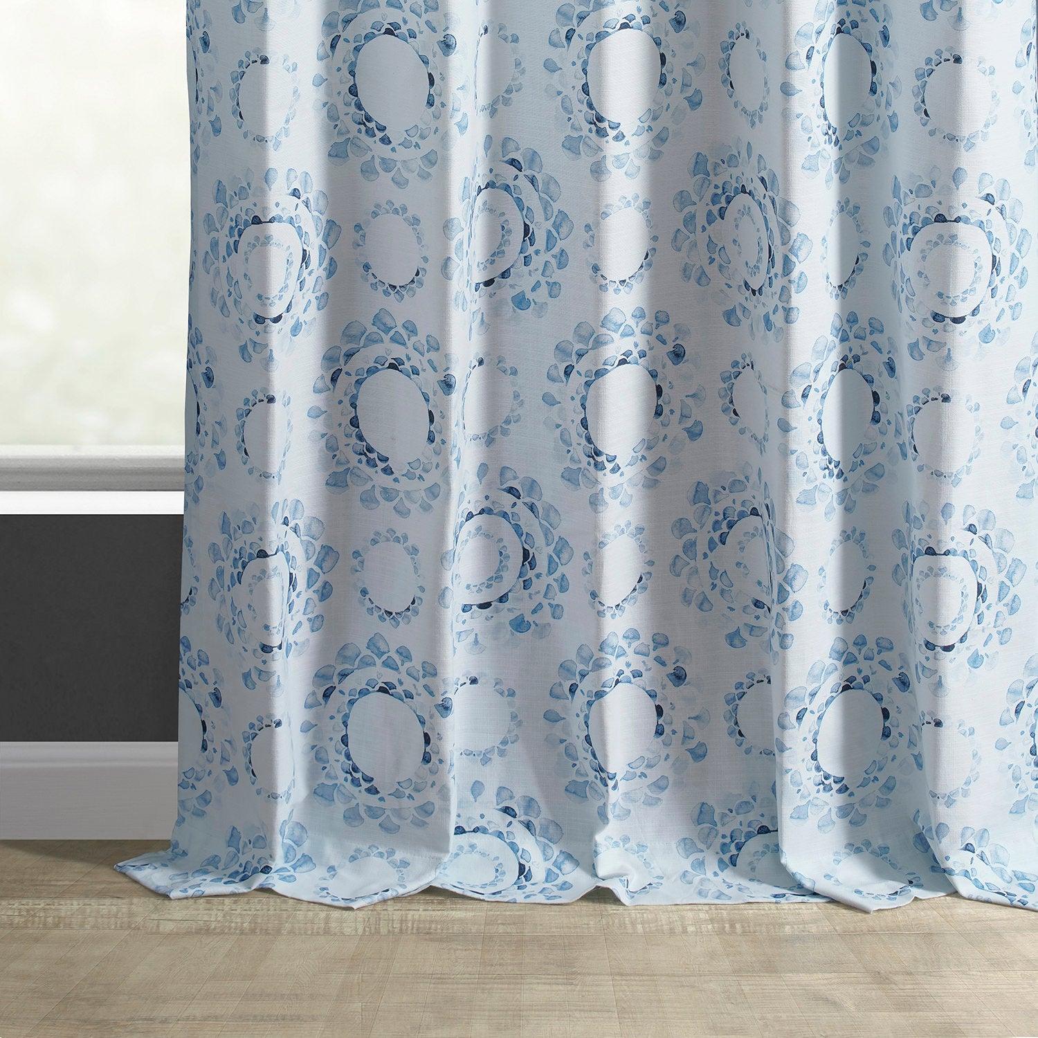 Light Blue Abstract Textured Printed Cotton Curtains - Droplets Design for Living Room & Bedroom Window Decor