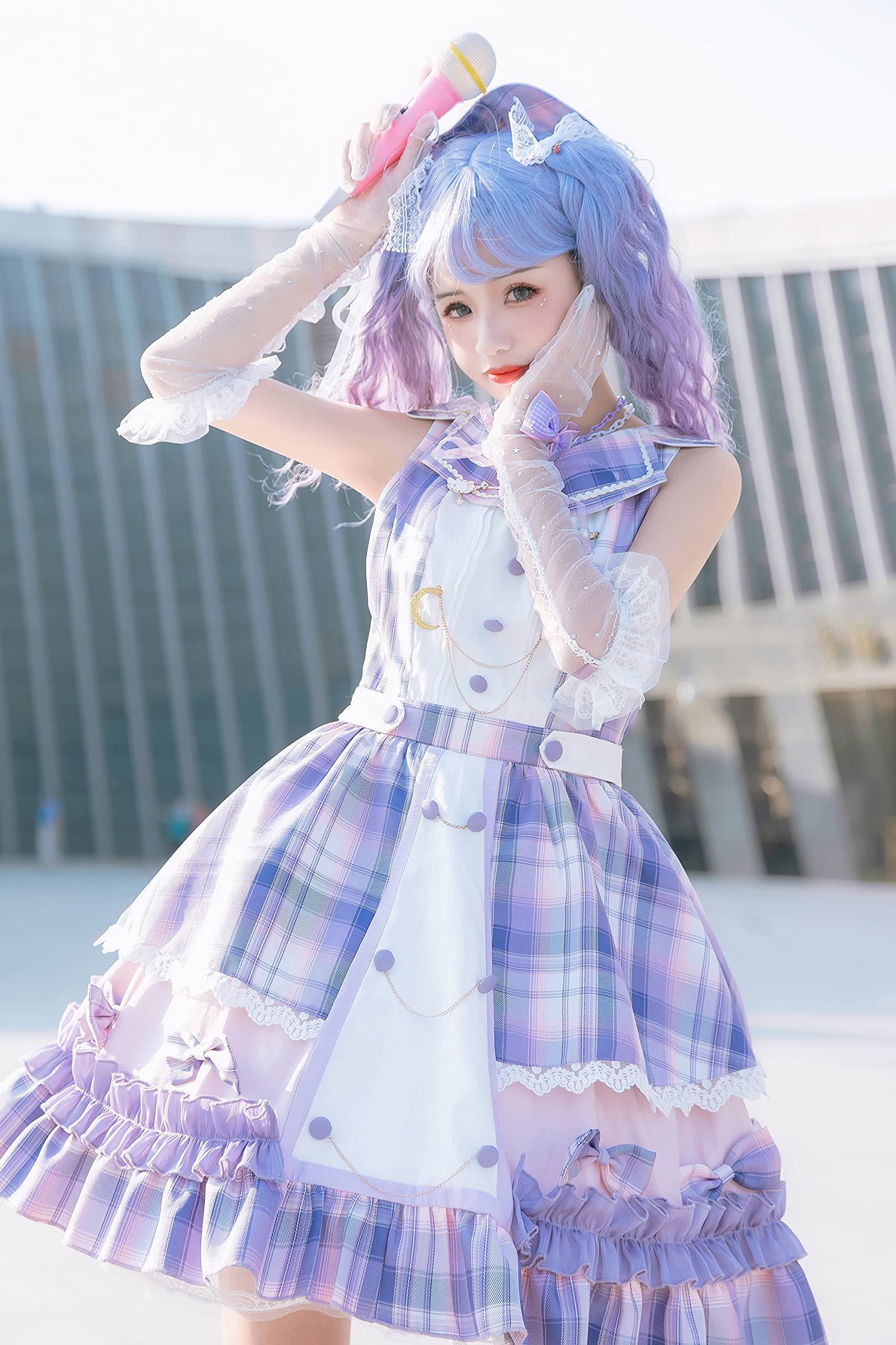 Japanese Kawaii Sweet Lolita Dress - Purple Anime Gingham Costume for Plus Size Women & Girls | Cute Summer Uniform for Cosplay, Halloween Parties & Anime Conventions