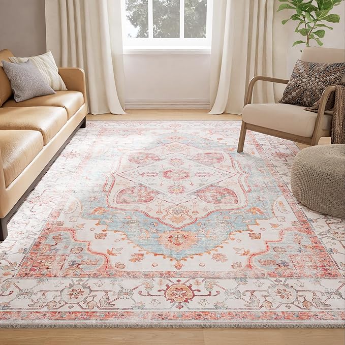 Custom Soft Pile Washable Printed Carpet Runner - Pink & Blue Multi-Color Non-Slip Area Rug for Living Room, Bedroom, Nursery & Home Decor