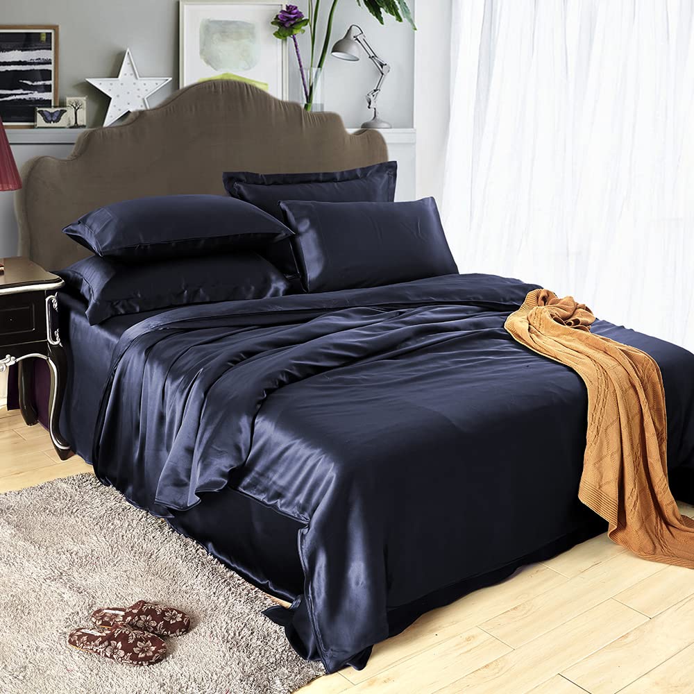 LILYSILK 4-Piece 100% Pure Mulberry Silk Bedding Set - 19 Momme Twin Size with Flat Sheet, Fitted Sheet & Oxford Pillowcases (Navy Blue) | Luxury Soft Silk Sheets for Comfortable Sleep & Hotel-Style Bedroom Decor