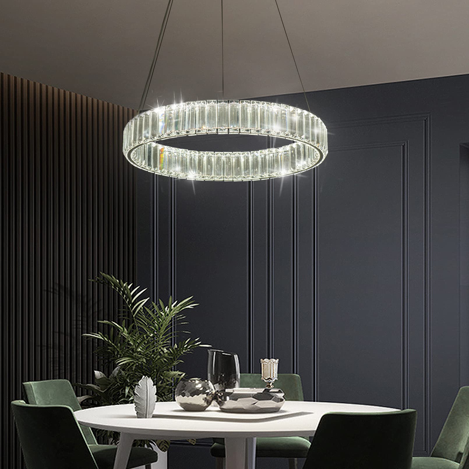 Dimmable LED Crystal Chandelier - 20 Inch Round Modern Pendant Light with Remote Control | Elegant Lighting for Kitchen, Dining Room, Living Room & Bedroom | Perfect for Home Decor & Romantic Ambiance